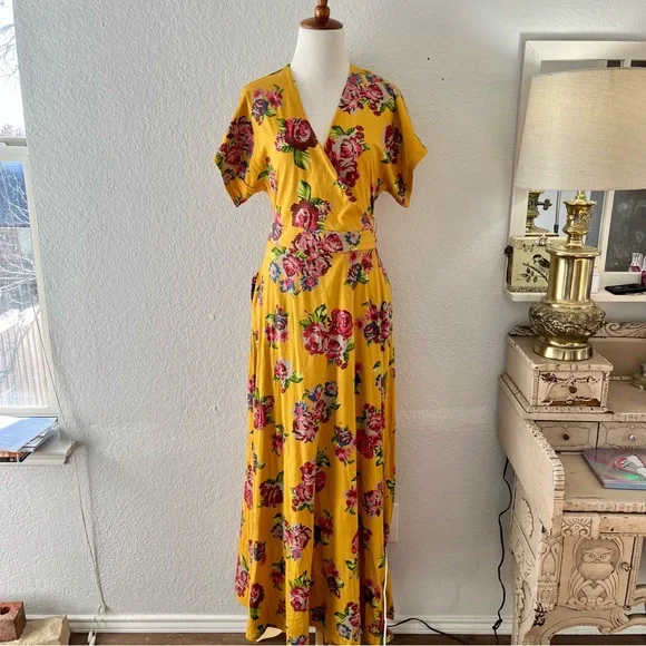 Matilda Jane Alana Jersey Knit Floral Maxi Wrap Dress Mustard Women's Small - Picture 5 of 12